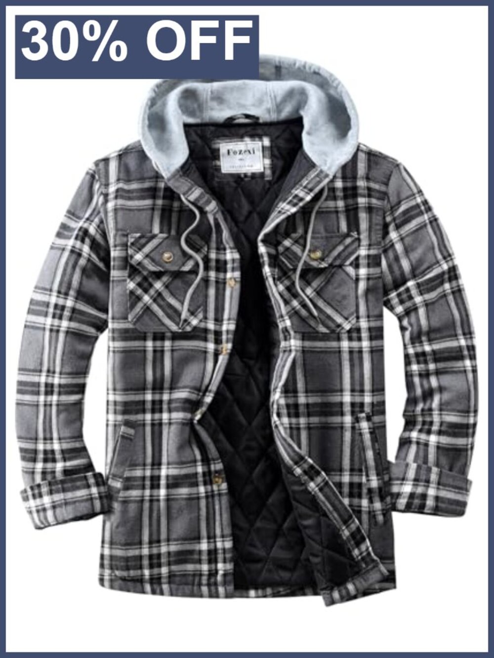 Mens Quilted Flannel Button Shirt Hooded Jacket Lightweight Cotton